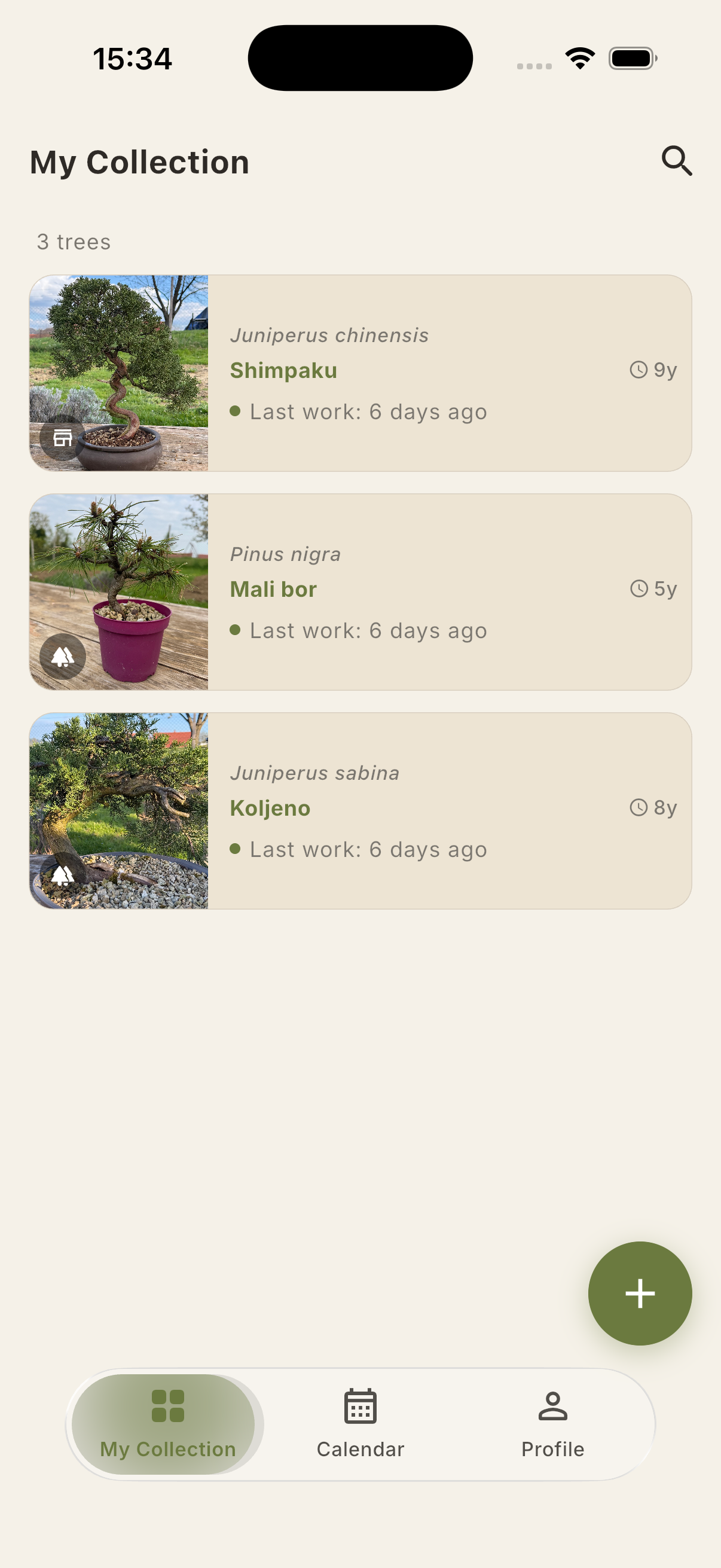 Bonsai collection screen