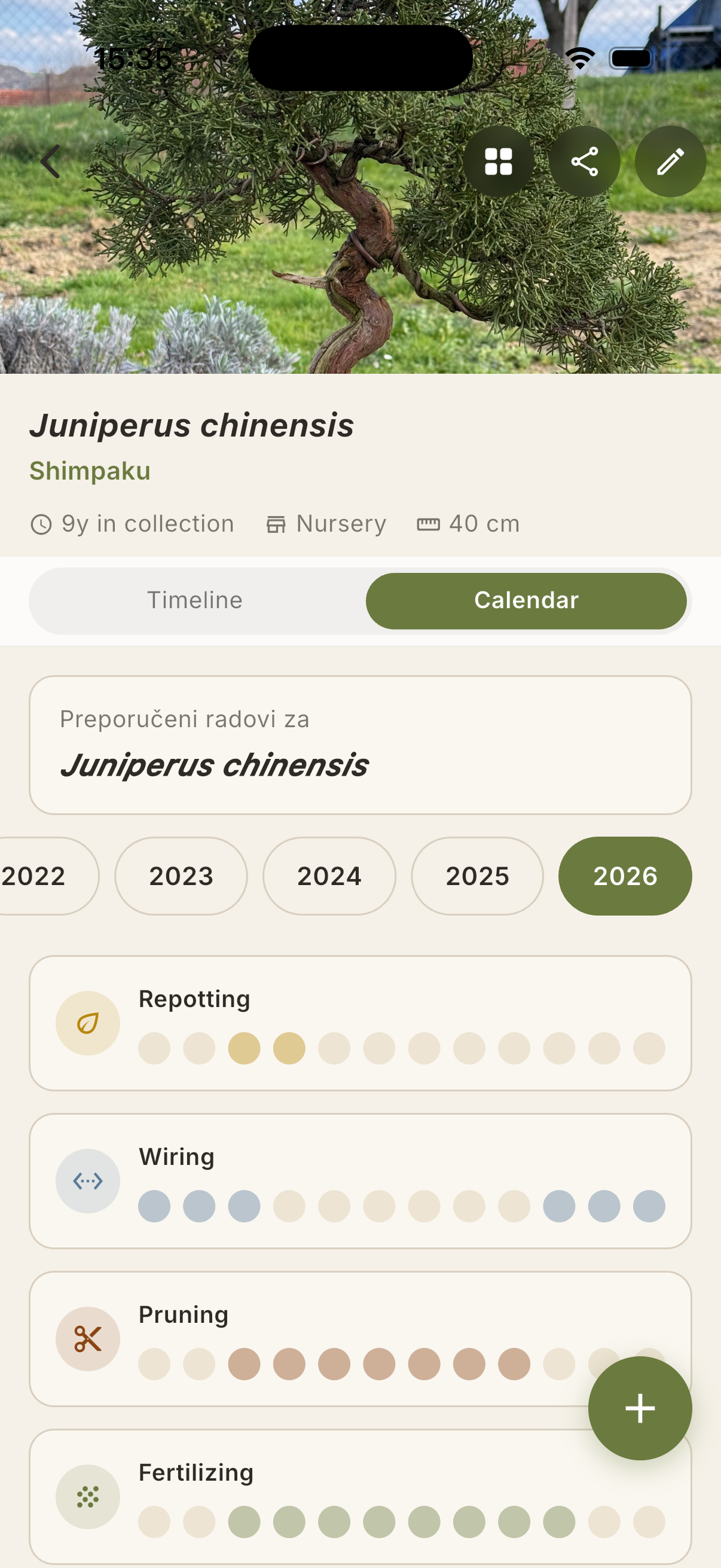 Care calendar screen